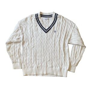 TNA Clay Cable Knit Sweater Size L Cream V-Neck Preppy Tennis Cotton Oversized
